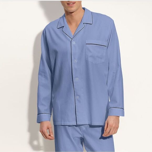 Herringbone Majestic International Cotton Long Sleeve Pajama Shirt in Blue - Picture 3 of 7